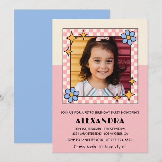 Invitation d'anniversaire 7 ans Fleurs roses rétro (Devant / Derrière)