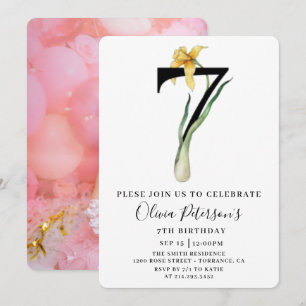 Invitation d'anniversaire 7 ans florale avec photo