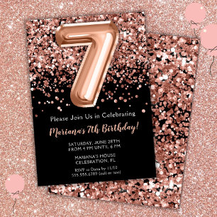 Invitation d'anniversaire 7 ans Noir Rose Or Paill