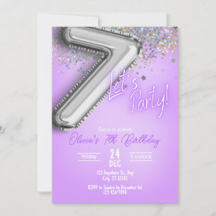 Invitation d'anniversaire 7 ans pailletée violette