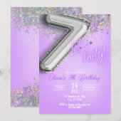 Invitation d'anniversaire 7 ans pailletée violette (Devant / Derrière)