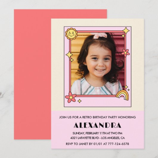 Invitation d'anniversaire 7 ans Retro Groovy Fleur (Devant / Derrière)