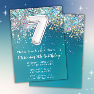 Invitation d'anniversaire 7 ans Teal Pailleté Arge