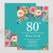 Invitation d'anniversaire 80 ans à fleurs sarcelle (Devant / Derrière)