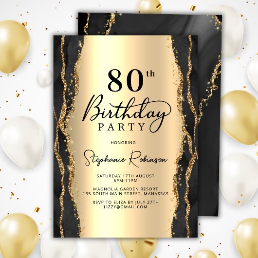 Invitation d'anniversaire 80 ans en Agate Noir Or