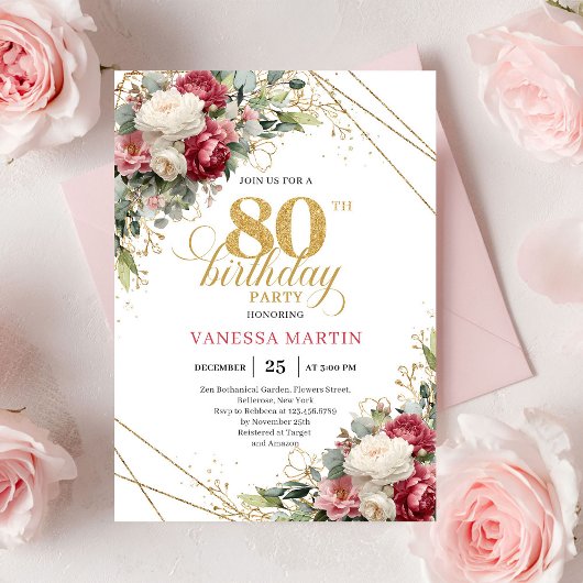 Invitation d'anniversaire 80 ans Floral Blanc Bour