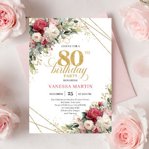 Invitation d'anniversaire 80 ans Floral Rouge Clas