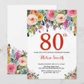 Invitation d'anniversaire 80 ans Florale Rouge (Devant / Derrière)