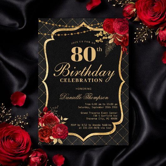 Invitation d'anniversaire 80 ans Noir, Rouge & Or
