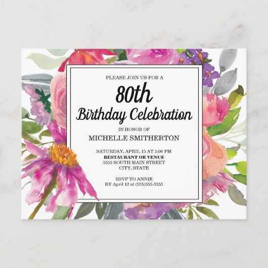 Invitation d'anniversaire 80 ans pour femme aux fl (Devant)