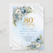 Invitation d'anniversaire 80 ans raffinée Bleu Pou (Devant)