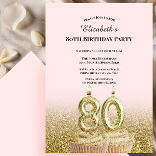Invitation d'anniversaire 80 ans rose et or pour e