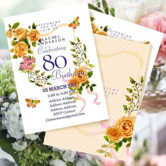 Invitation d'anniversaire 80 ans Ruban Rose Or
