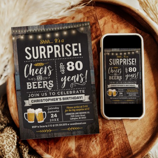 Invitation d'anniversaire 80 ans Surprise Cheers a