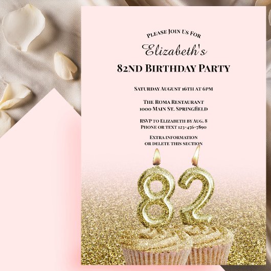 Invitation d'anniversaire 82 ans rose et or pour e