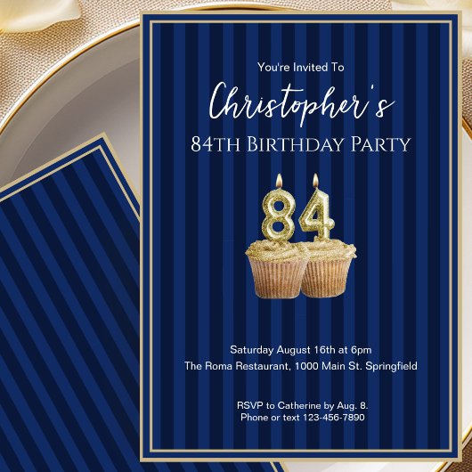 Invitation d'anniversaire 84 ans unique bleu or po