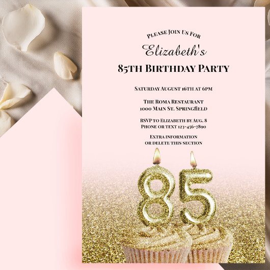 Invitation d'anniversaire 85 ans rose et or pour e