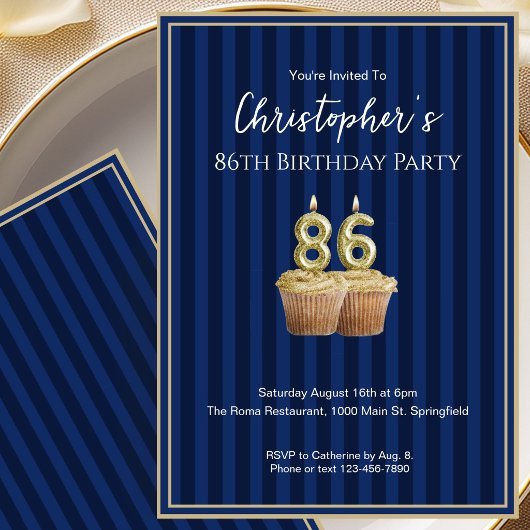 Invitation d'anniversaire 86 ans Unique Bleu Or po
