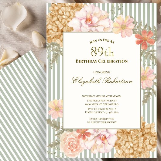 Invitation d'anniversaire 89 ans aux couleurs flor