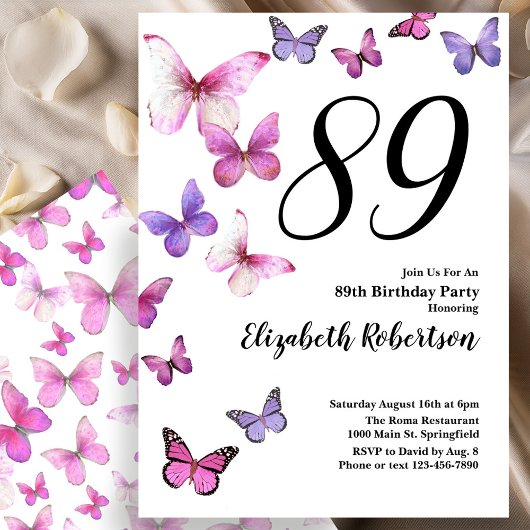 Invitation d'anniversaire 89 ans Papillon en rose/