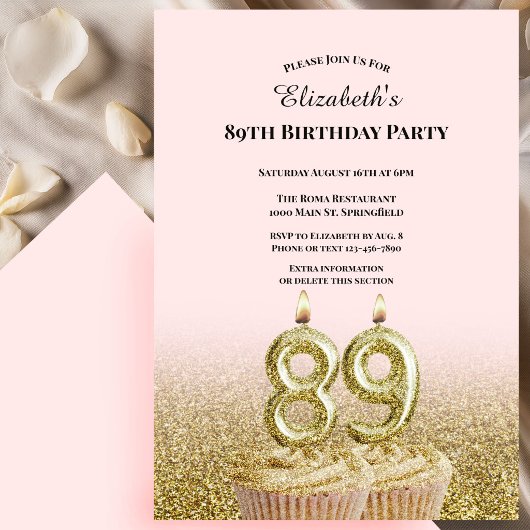 Invitation d'anniversaire 89 ans rose et or pour e