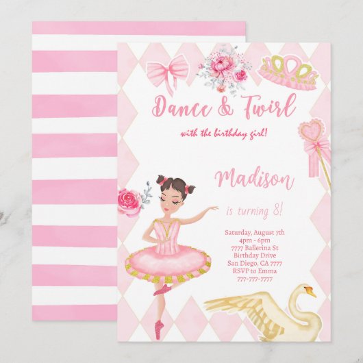 Invitation d'anniversaire 8 ans Ballerine  (Devant / Derrière)