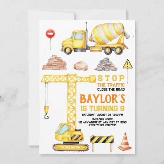 Invitation d'anniversaire 8 ans Construction (Devant)