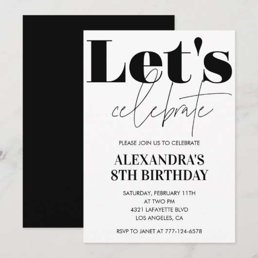 Invitation d'anniversaire 8 ans Noir et Blanc Mode (Devant / Derrière)