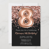 Invitation d'anniversaire 8 ans Noir Rose Or Paill (Devant)