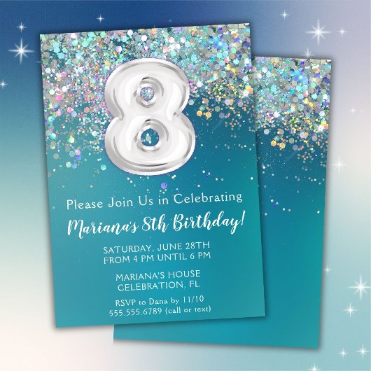Invitation d'anniversaire 8 ans Paillettes Argent