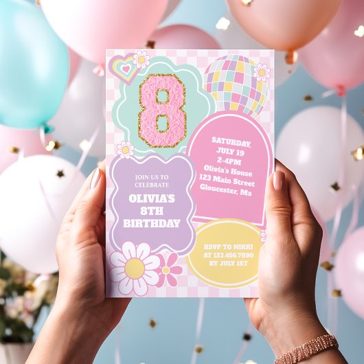 Invitation d'anniversaire 8 ans patch pastel prépa