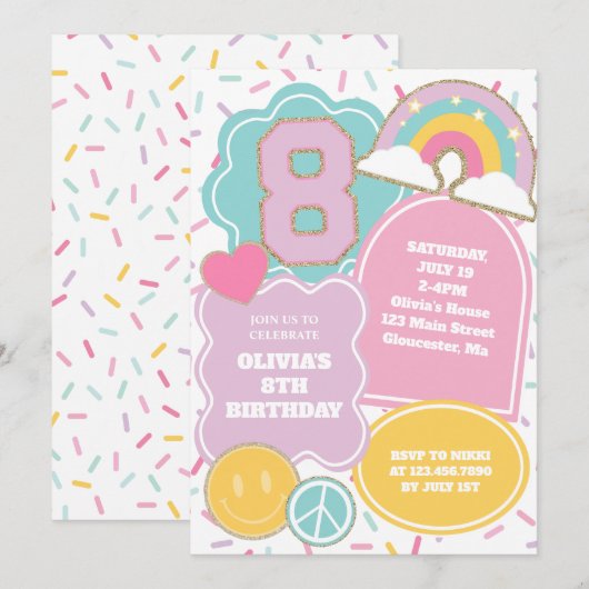Invitation d'anniversaire 8 ans Preppy Patch (Devant / Derrière)