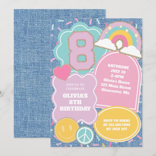 Invitation d'anniversaire 8 ans Preppy Patch en je (Devant / Derrière)