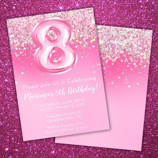Invitation d'anniversaire 8 ans rose fille paillet