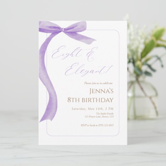 Invitation d'anniversaire 8 ans Ruban Violet (Debout devant)