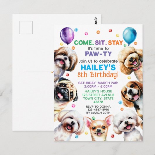 Invitation d'anniversaire 8 ans Thème Chien (Devant / Derrière)