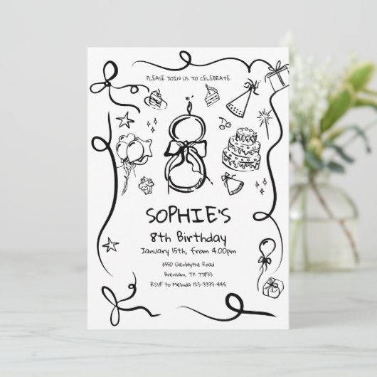 Invitation d'anniversaire 8e, main tirée 8e annive (Debout devant)