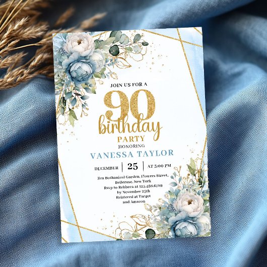 Invitation d'anniversaire 90 ans à fleurs bleues a