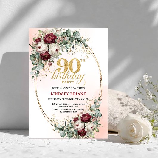 Invitation d'anniversaire 90 ans aux pivoines bord