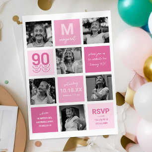 Invitation d'anniversaire 90 ans avec photo rose