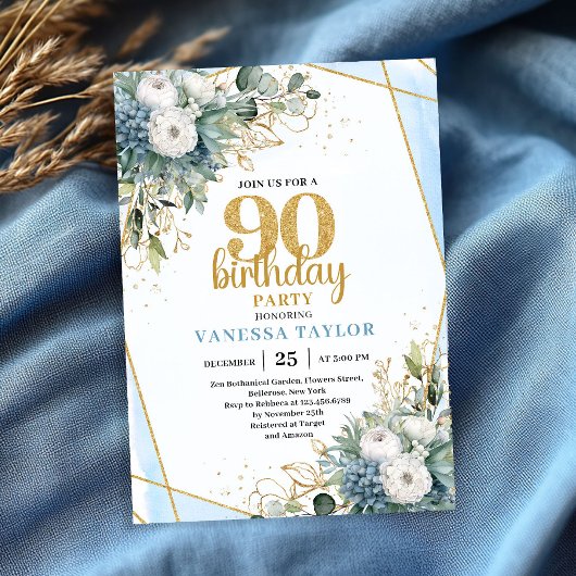 Invitation d'anniversaire 90 ans Cadre doré botani
