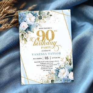 Invitation d'anniversaire 90 ans cadre or bleu pou
