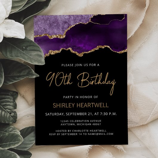 Invitation d'anniversaire 90 ans en Agate Or Viole