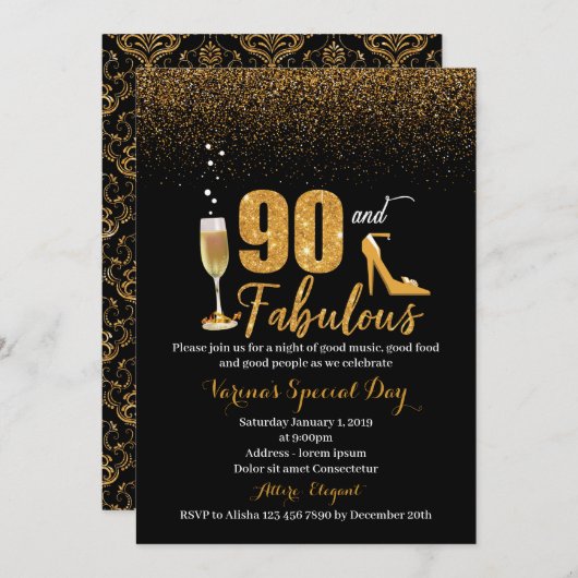 Invitation d'anniversaire 90 ans fabuleuse pour fe (Devant / Derrière)