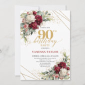 Invitation d'anniversaire 90 ans Fleur Or Rouge Pr (Devant)