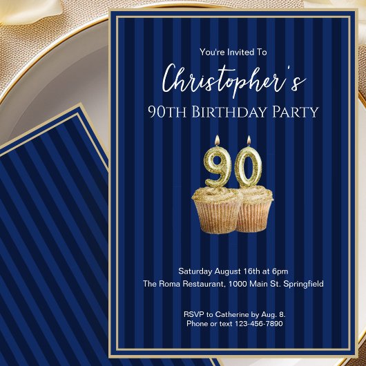Invitation d'anniversaire 90 ans unique bleu or po
