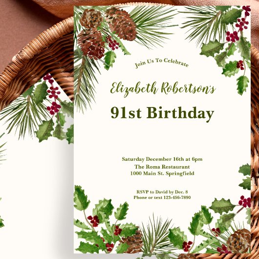 Invitation d'anniversaire 91 ans Elegant Vert feui