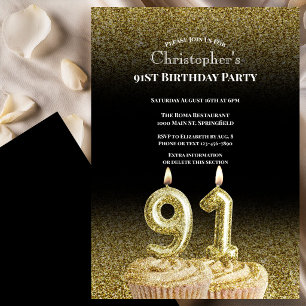 Invitation d'anniversaire 91 ans noir et or pour l