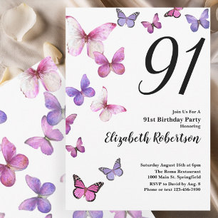 Invitation d'anniversaire 91 ans Papillon en Rose/
