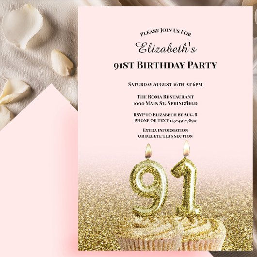 Invitation d'anniversaire 91 ans rose et or pour e